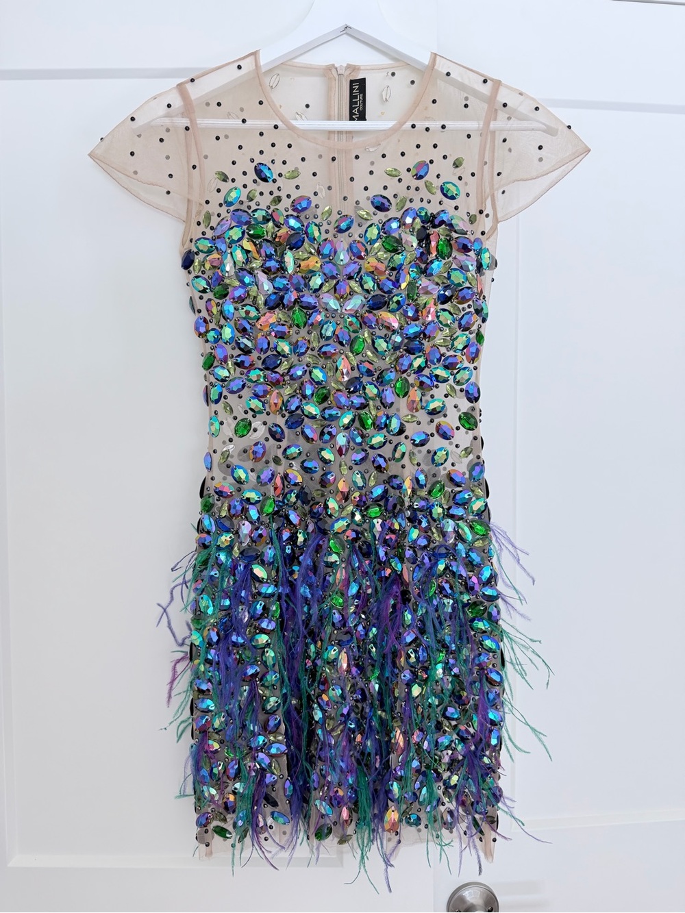 Unique Designer Dress Mallini Couture with Crystal and Feather Detailing- Size S